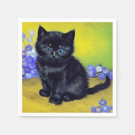 ファンゴッホ黒猫紫の花 スタンダードカクテルナプキン (正面)