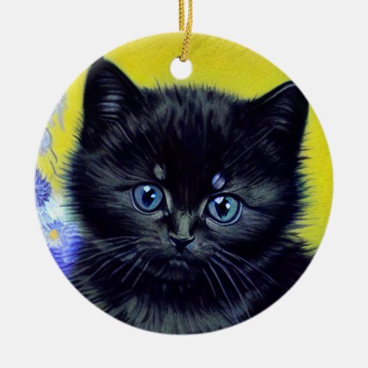ファンゴッホ黒猫紫の花 セラミックオーナメント (正面)