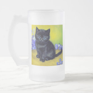 ファンゴッホ黒猫紫の花 フロストグラスビールジョッキ