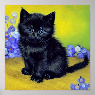 ファンゴッホ黒猫紫の花 ポスター