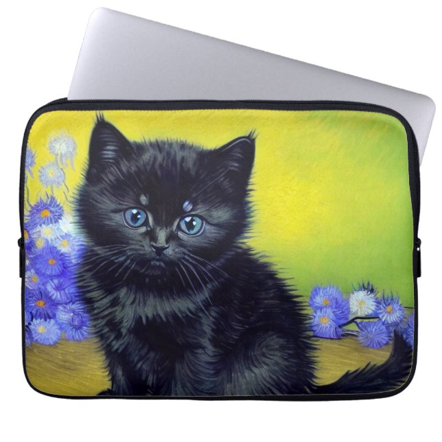ファンゴッホ黒猫紫の花 ラップトップスリーブ (正面)