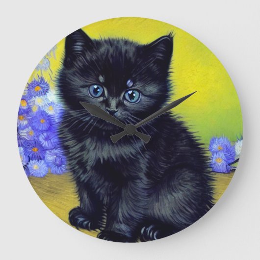 ファンゴッホ黒猫紫の花 ラージ壁時計 (正面)