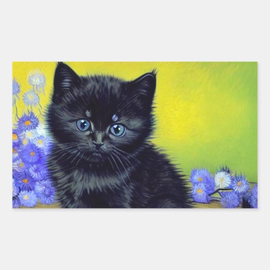 ファンゴッホ黒猫紫の花 長方形シール (正面)