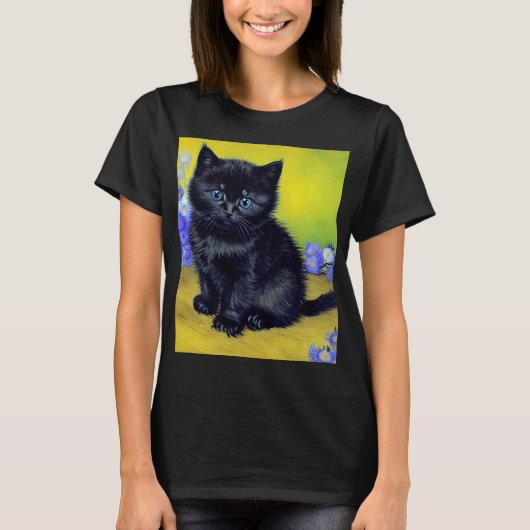 ファンゴッホ黒猫紫の花 Tシャツ (正面)