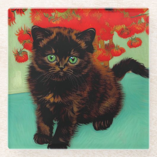 ファンゴッホ黒猫赤い花 ガラスコースター (正面)