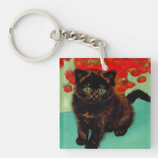 ファンゴッホ黒猫赤い花 キーホルダー (正面)