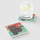 ファンゴッホ黒猫赤い花 ストーンコースター (横)