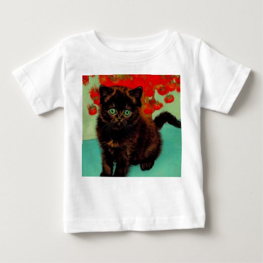 ファンゴッホ黒猫赤い花 ベビーTシャツ (正面)