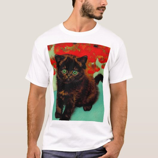 ファンゴッホ黒猫赤い花 Tシャツ (正面)