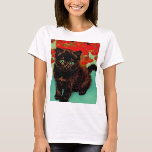 ファンゴッホ黒猫赤い花 Tシャツ (正面)