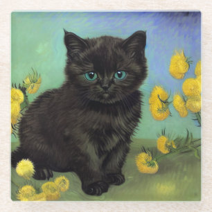 ファンゴッホ黒猫黄色の花 ガラスコースター