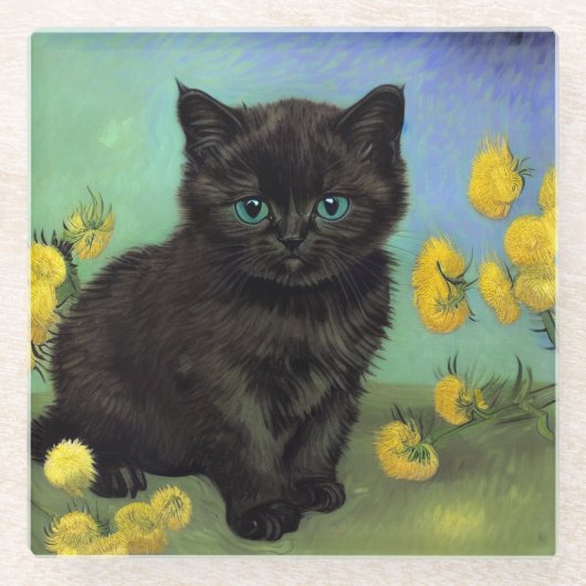 ファンゴッホ黒猫黄色の花 ガラスコースター (正面)