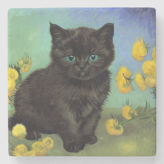 ファンゴッホ黒猫黄色の花 ストーンコースター (正面)