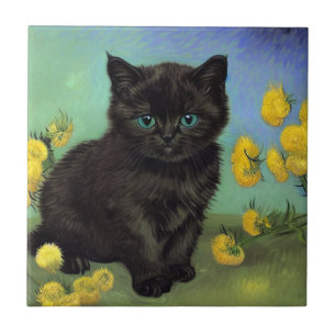 ファンゴッホ黒猫黄色の花 タイル