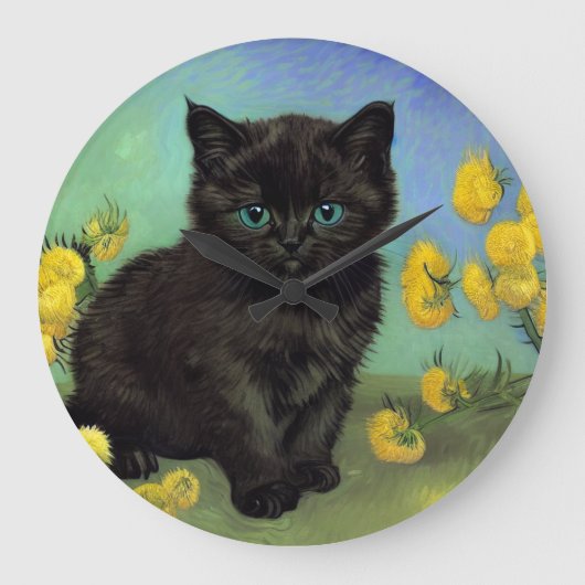 ファンゴッホ黒猫黄色の花 ラージ壁時計 (正面)