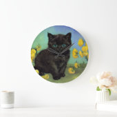 ファンゴッホ黒猫黄色の花 ラージ壁時計 (ホーム)