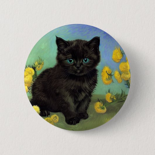 ファンゴッホ黒猫黄色の花 缶バッジ (正面)