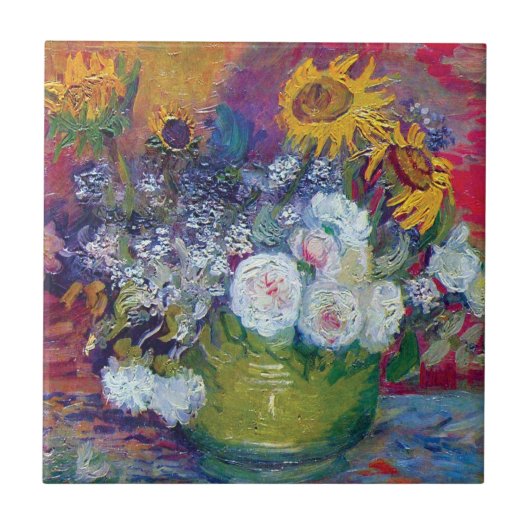 ファンゴッホ-バラとヒマワリの静物詩 タイル (正面)