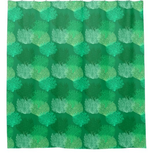 ファンサンゴプリント、ジェードグリーンシャワーCuの色合い シャワーカーテン (正面)