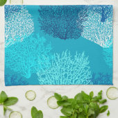 ファンサンゴプリント、ターコイズ、アクア、コバルトブルー キッチンタオル (折り畳み)