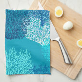 ファンサンゴプリント、ターコイズ、アクア、コバルトブルー キッチンタオル (四つ折り)