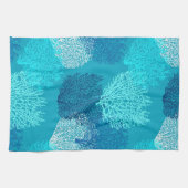 ファンサンゴプリント、ターコイズ、アクア、コバルトブルー キッチンタオル (横)