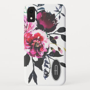 ファンシーで深い色の水彩画の紫色の花のモノグラム iPhone XRケース