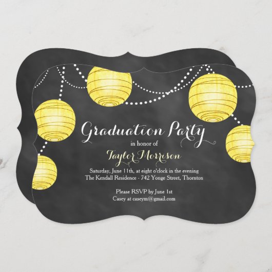 ファンシーで黄色いパーティーのランタンの卒業の招待状 招待状 (正面/裏面)