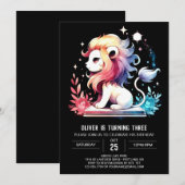 ファンシーなかわいいライオンの誕生日 招待状 (正面/裏面)