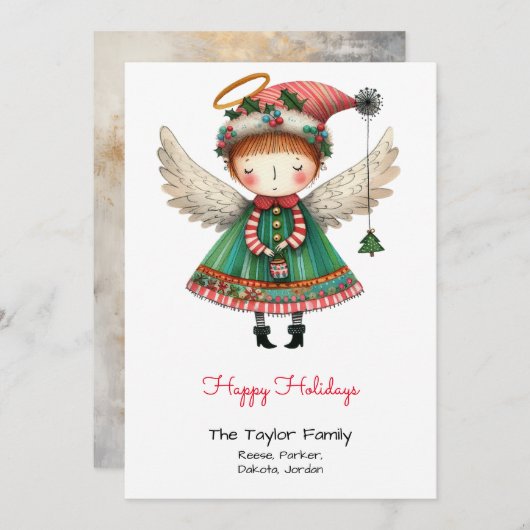 ファンシーなかわいい天使のイラスト 幸せな シーズンカード (正面/裏面)