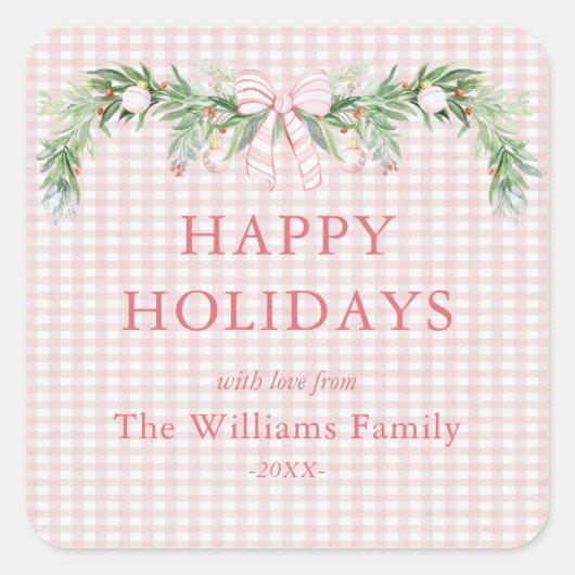 ファンシーなグランドミレニアル ギンガム ピンク リボン ガーランド スクエアシール (正面)