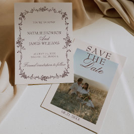 ファンシーなチョコレートブラウンのフラワーフォト レトロな結婚式 セーブザデート