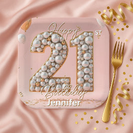 ファンシーなピンクとパールゴールドの21歳の誕生日 ペーパープレート