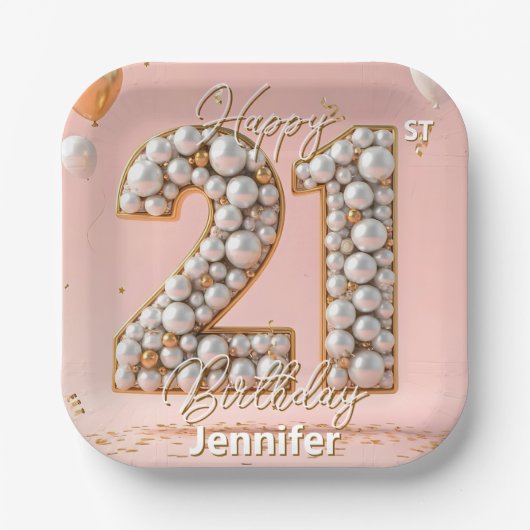 ファンシーなピンクとパールゴールドの21歳の誕生日  ペーパープレート (正面)