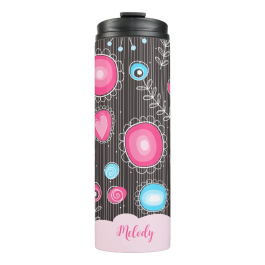 ファンシーなピンクと青のハートと花のフローラルネーム タンブラー (正面)