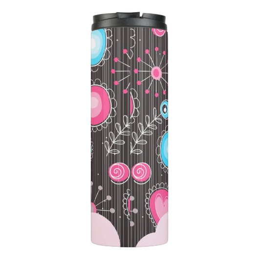 ファンシーなピンクと青のハートと花のフローラルネーム タンブラー (裏面)