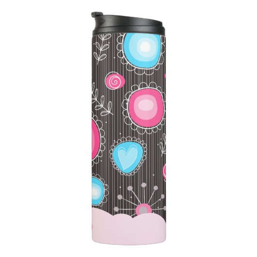 ファンシーなピンクと青のハートと花のフローラルネーム タンブラー (回転右)