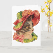 ファンシーなボンネットのメッセージカードのビクトリアンなメス猫 カード (黄色い花)