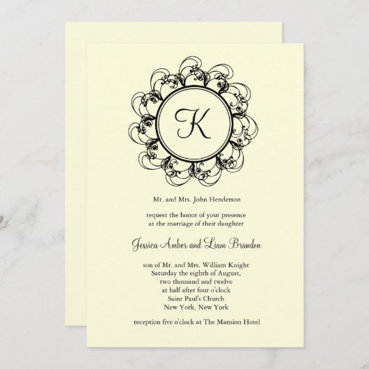 ファンシーなモノグラムの結婚式招待状(白を離れて) 招待状 (正面/裏面)