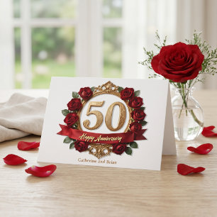 ファンシーなレッド+ローズゴールドの装飾フレーム 50周年記念 カード