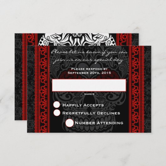 ファンシーなレースのスカル デザインの死者の日への返信カード(赤) 出欠カード (正面/裏面)