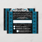 ファンシーなレースのスカル デザイン 死者の日 青 出欠カード (正面/裏面)