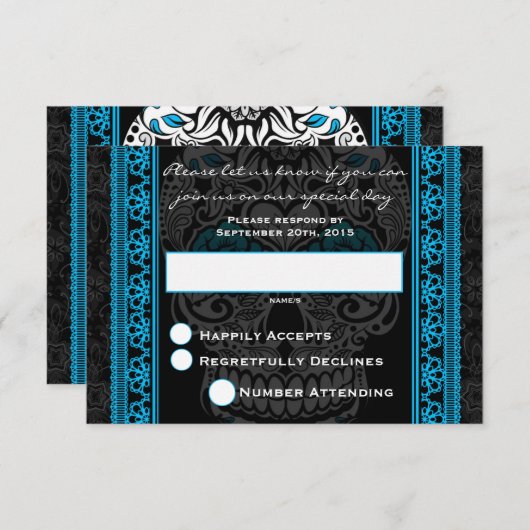 ファンシーなレースのスカル デザイン 死者の日 青 出欠カード (正面/裏面)