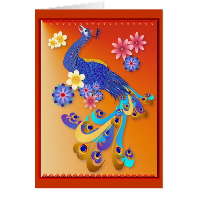 ファンシーな孔雀および花カード (正面)