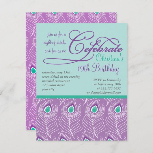 ファンシーな孔雀は誕生会のお祝いに羽をつけます 招待状 (正面/裏面)