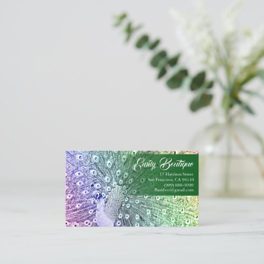 ファンシーな尾羽を持つ水彩画のスケッチの孔雀 名刺 (スタンド正面)