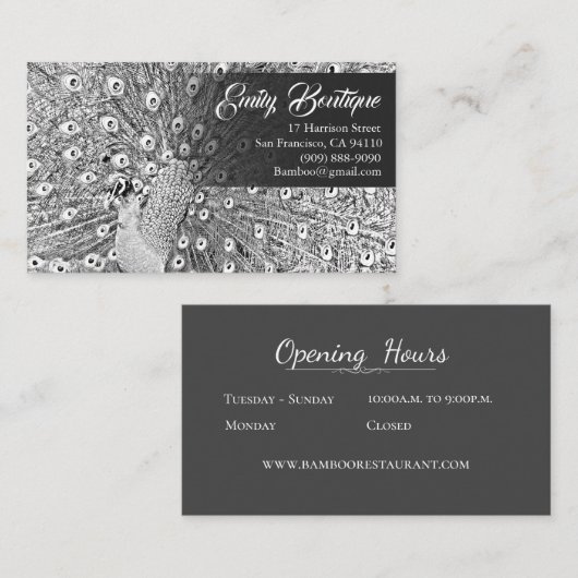 ファンシーな尾羽を持つB&Wのスケッチの孔雀 名刺 (正面/裏面)