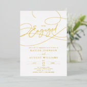 ファンシーな筆記体で「Engaged」と書かれたエンゲージメントパーティーの招待状 箔招待状 (立ち正面)