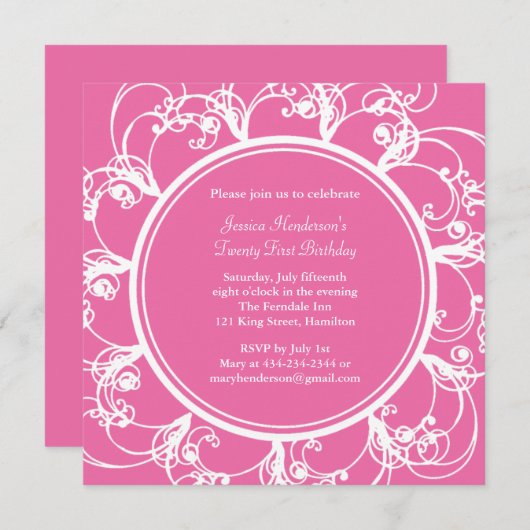 ファンシーな花柄20の最初誕生日の招待の明るい赤紫色 招待状 (正面/裏面)