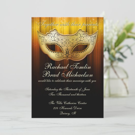 ファンシーな華麗さの金ゴールドの仮面舞踏会の結婚式の招待 招待状 (スタンド正面)